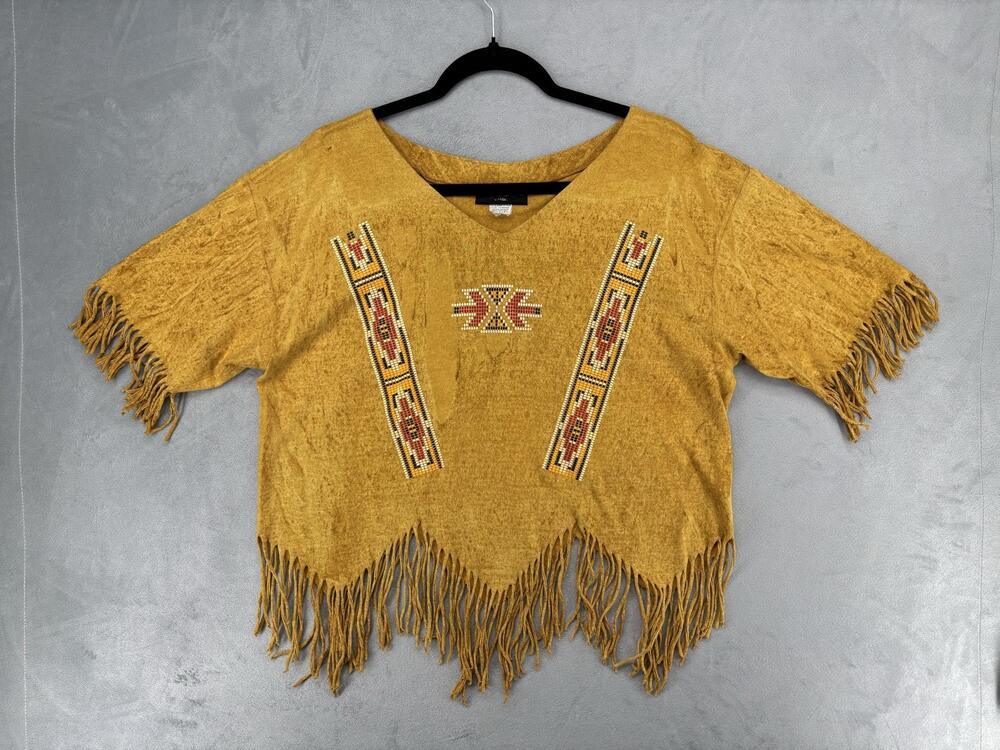 Womens L Mustard Yellow Vintage Western Fringe t-shirt Artwear Boho Tribal